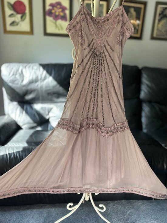 TwentyOne Blush Beaded Sequin Art Deco Slip Dress - Picture 1 of 12